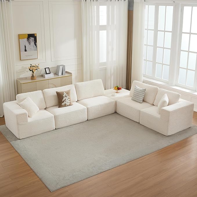 Cloud Modular Sectional Sofa Couch,L-Shape Modern Boneless Sectional Couch with Deep Seat,Upholstered Couches for Living Room Bedroom,No Assembly Required,Beige