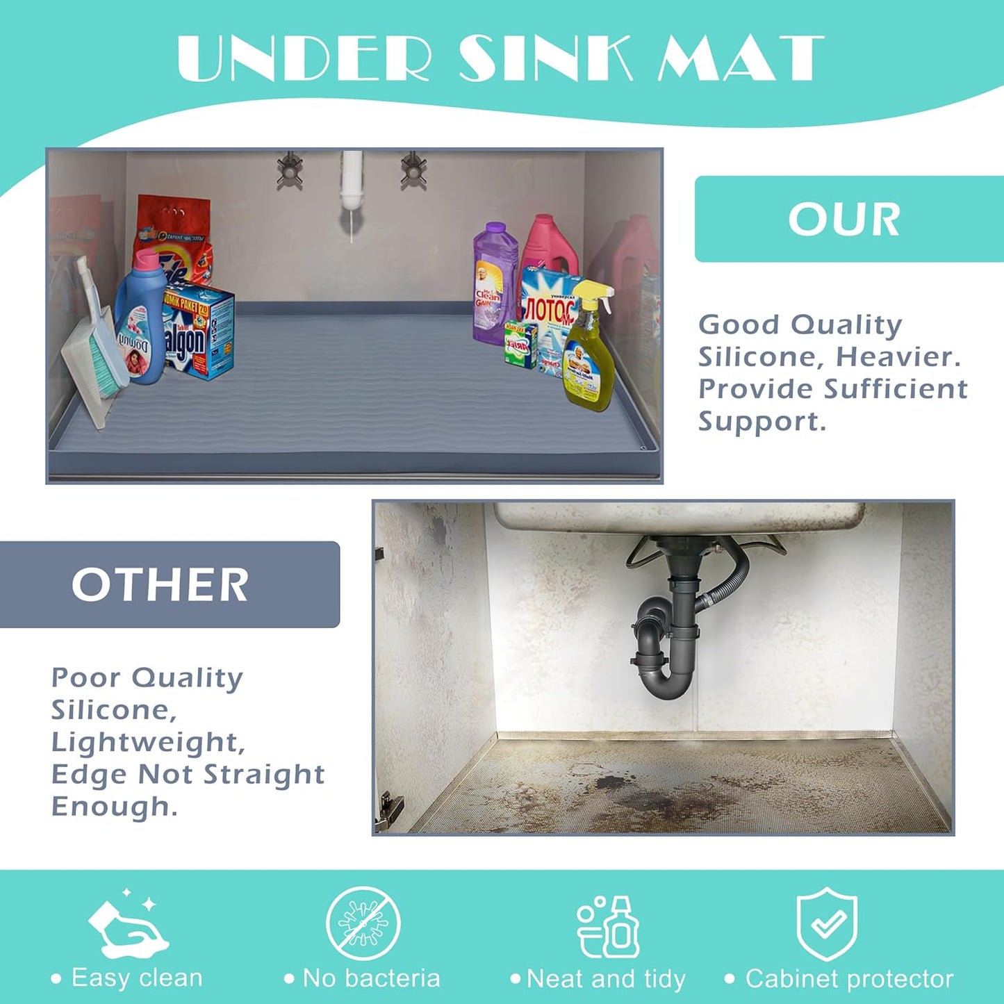 URMONA Waterproof Silicone Under Sink Mat 22'' x 19'' Shelf Liner for Kitchen and Bathroom, Cabinet and Counter Protector, Storage and Organizers, Litter Mat, Pet Cat Puppy Essentials(Cream)