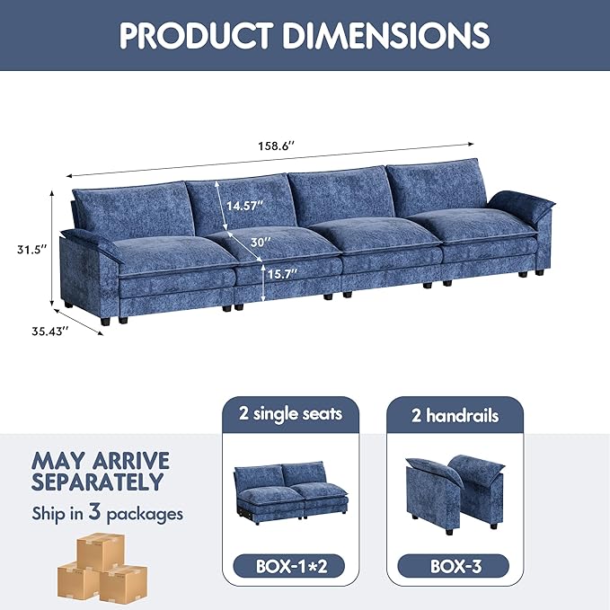 Homall 159" Modular Sectional Sofa, Linear Sofa Couch with Double-Layer Cushion, DIY Combination Chenille Deep 4-Seat Cloud Couch for Living Room, Apartment (Dark Blue, Linear Sofa)