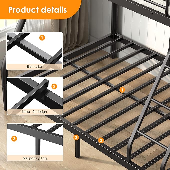 SDHYL Bunk Beds Twin Over Full Size, Heavy Duty Metal Bunk Bed Frame for Adults, Space-Saving & No Box Spring Needed, Black