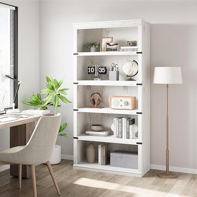 IDEALHOUSE 5 Tier Bookcase, Farmhouse Book Shelf with Storage, Tall Book Case Wooden 5 Shelf Bookcase for Home Office, Living Room, Bed Room (White, 67.4" H x 31.5" W x 12.8" D)