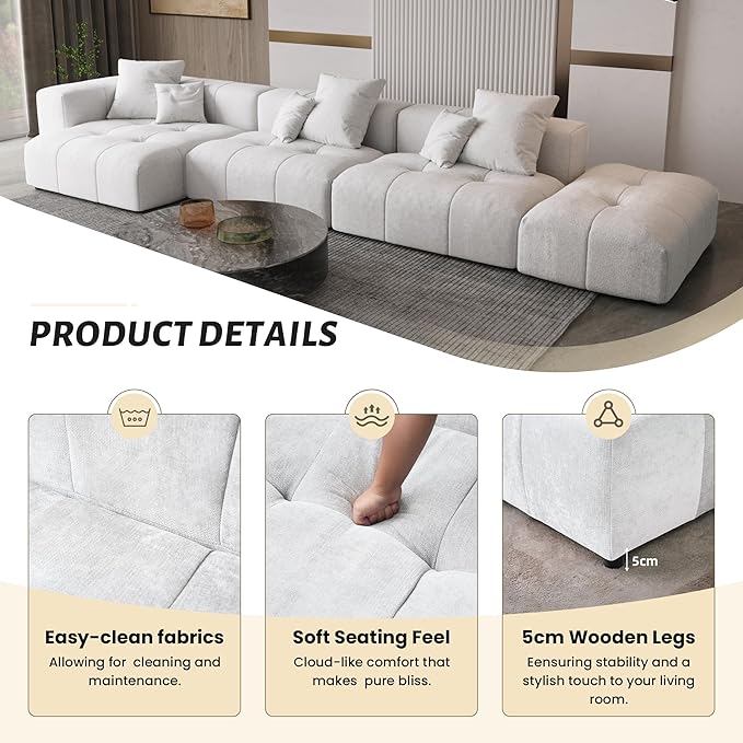 WJShome 158" Oversized Modular Sectional Sofa, L Shaped Couch with Ottoman,Sectional Couches for Living Room,Large Linen Deep Seat with Pillow Couches for Home,Spacious Space,White
