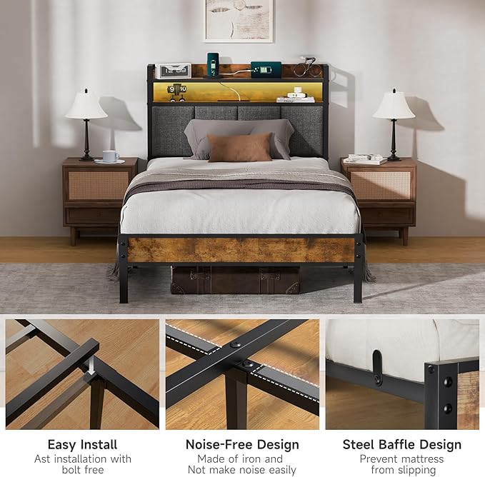 Z-hom Twin Bed Frames, Twin Bed Frame with 2-Tier Storage Upholstered Headboard, Metal Platform with USB Charging Station & LED Lights, Noise Free, No Box Spring Needed, Easy Assembly, Vintage Brown