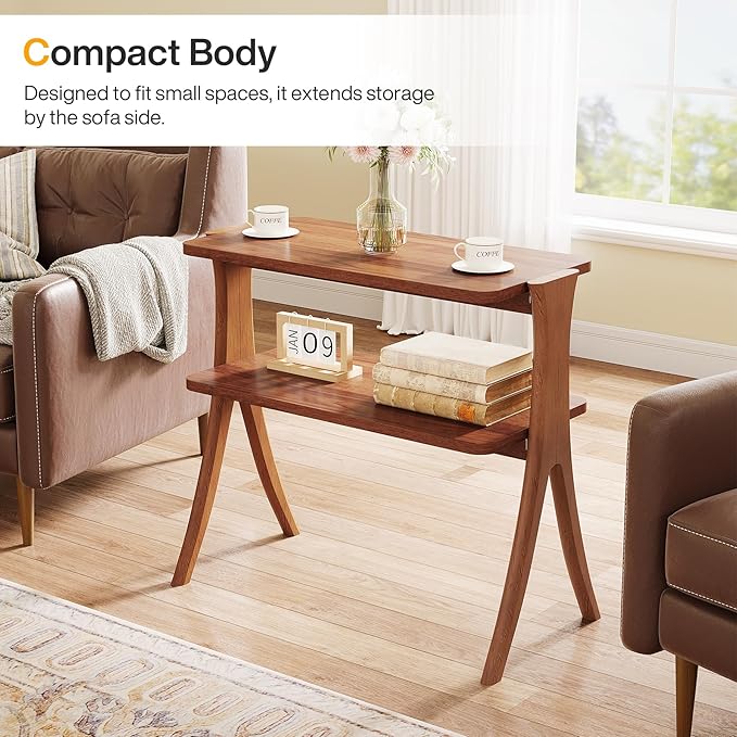 Tribesigns Walnut Side Table for Living Room, Narrow End Table with 2-Tier Storage Shelf and Solid Wood Legs, Slim Modern Bedside Table Nightstand for Bedroom, Small Spaces (1)