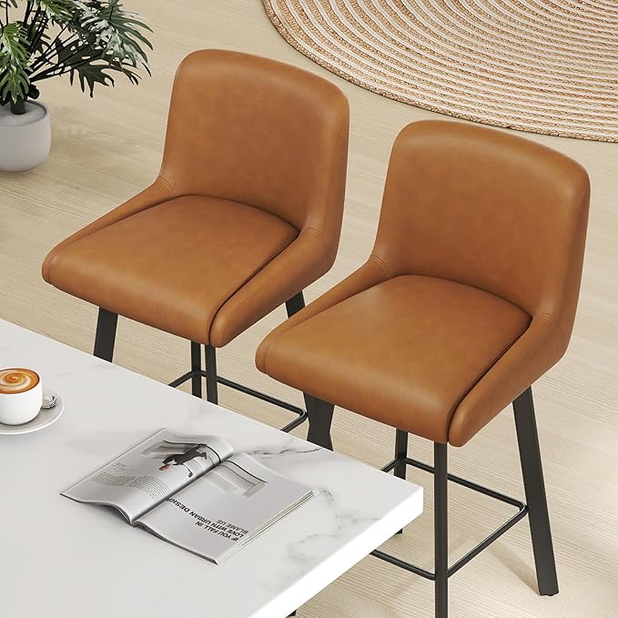 Swivel Counter Height Bar Stools Set of 3, 29''H Upholstered Barstools with Backs, Modern Bar Stool Chairs for Kitchen Island, Metal Legs, Faux Leather, Whiskey Brown Stools Counter Chair