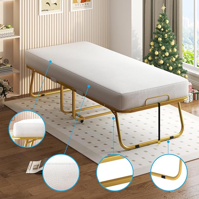 Mjkone Folding Bed with 4" Memory Foam Mattress for Guests – Single Rollaway Bed, Space-Saving Portable Design, Lockable Wheels & Easy Assembly, 75" x 46" Foldable Guest Bed Frame (Gold)