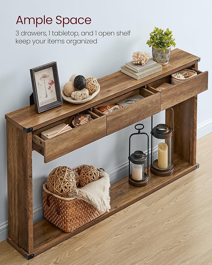 VASAGLE Sofa Console Table, 47.2 Inches Narrow Entryway Table with 3 Drawers, Bottom Shelf, Metal Corners, for Living Room, Bedroom, Farmhouse Style, Honey Brown ULNT143KB01S
