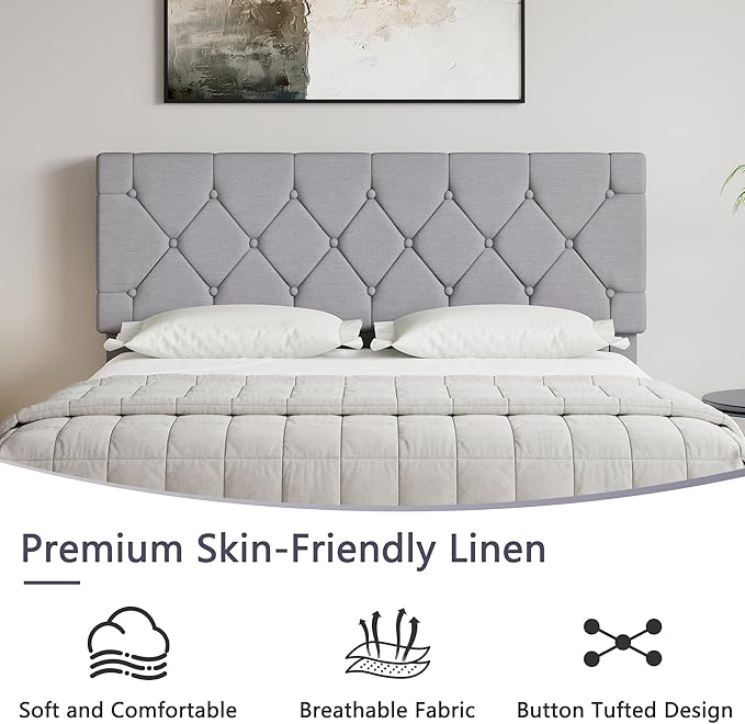VECELO Queen Size Bed Frame with Button Tufted Headboard, Upholstered Platform Bedframe with Wood Slat Support, No Box Spring Needed, Linen Grey