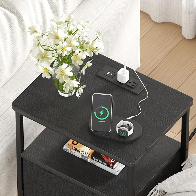 VECELO Night Stand Set 2, Nightstand with Charging Station, End Tables with Open Storage Shelf, Bed Side Tables with Fabric Drawers for Bedroom,Living Room,Classic Black