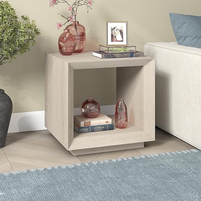 Henn&Hart 22" Modern Square Wooden End Table, Side Table, Nightstand with Open Display Shelf for Living Room, Office, Family Room, or Bedroom, Alder White