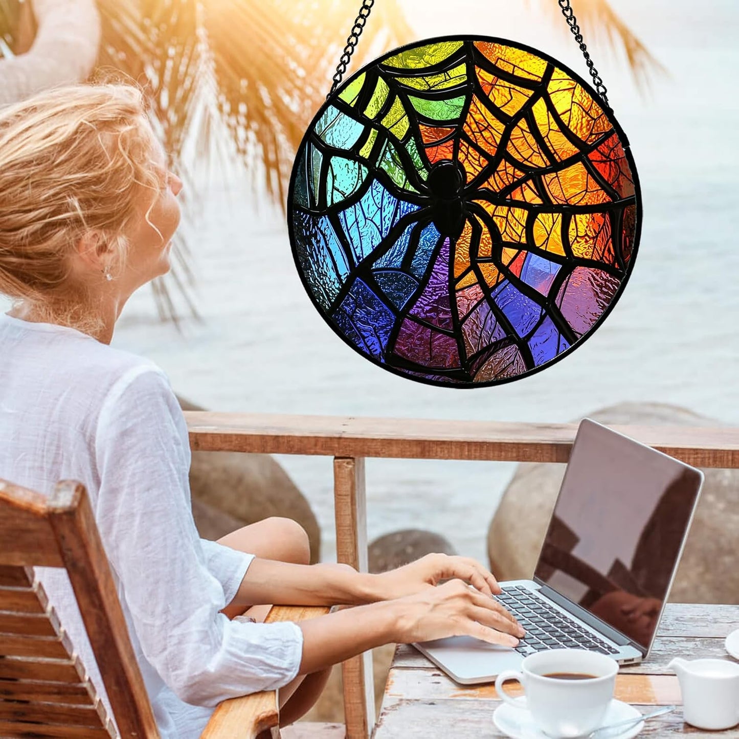 Stained Glass Suncatcher, Colorful Spider Sun Catcher Black Insect Stain Glass Window Hanging Decoration Mother's Day Birthday Gifts for Women Men Mom Nana 15 in