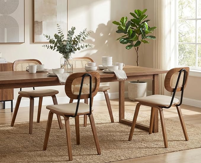 Mid-Century Dining Chairs Set of 2, PU Leather Kitchen Chairs with Rattan Backrest Wooden Legs Armless Design for Dining Room Living Room, Beige