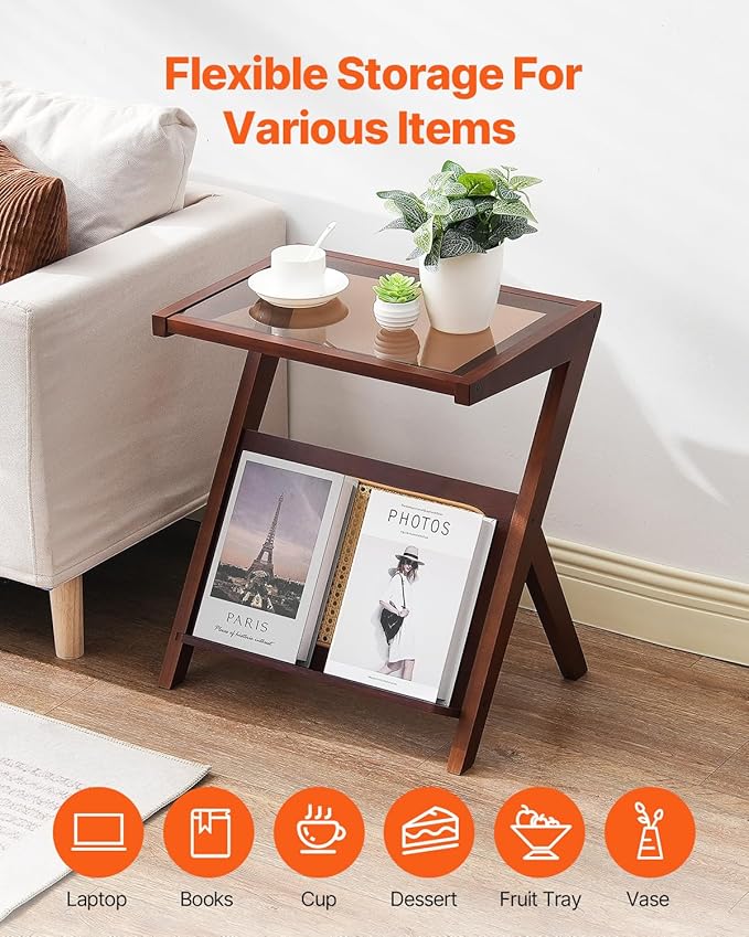 VEVOR End Table, Z-Shaped Rattan Woven Bamboo Coffee Table with Tempered Glass Top, 20” Modern Boho Storage Coffee Table with Natural Bamboo Legs, for Living Room, Bedroom & Small Spaces