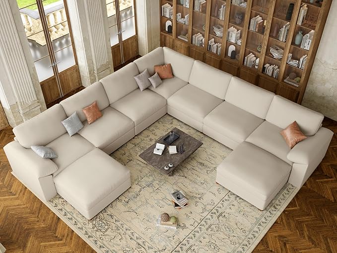 EASE MOOSE Oversized U Shaped Couch,Modular Sectional Convertible Sofa with Wide Deep,Extra Large Faux Leather Scratch Resistant Modern Couch for Big Spaces Living Room,Beige