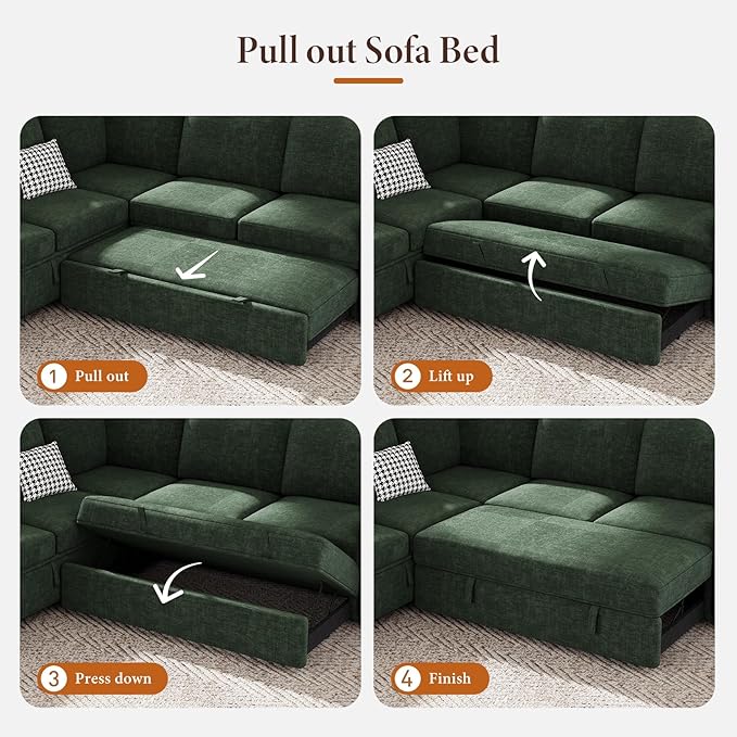 Vesgantti 88.4" Sectional Sleeper Sofa with Pull Out Bed, 5 Seater L Shaped Modular Sectional Couch with Storage, Comfy Chenille Modular Couch for Living Room, Bedroom, Apartment, Green