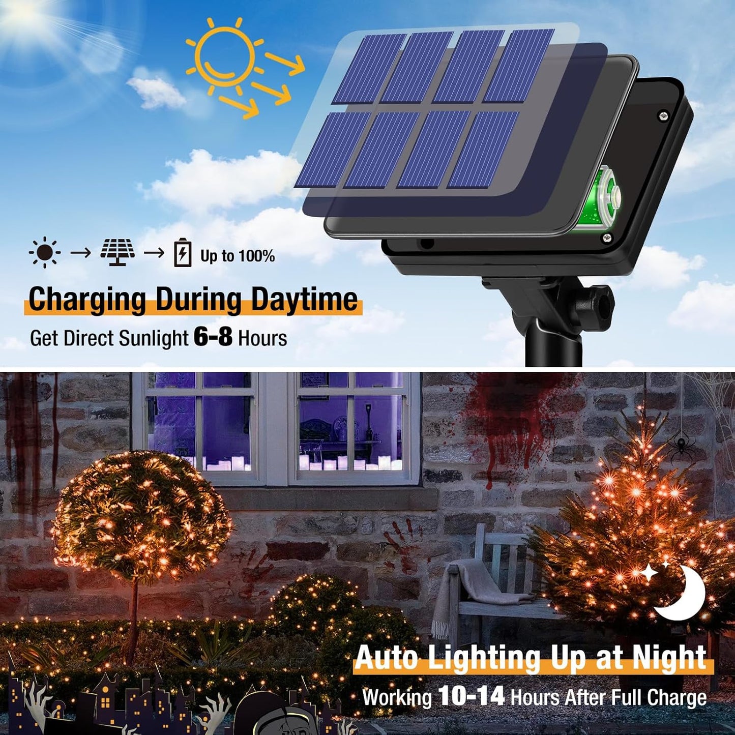 4 Pack Solar Halloween String Lights Outdoor - 320LED 132FT Orange Solar Fairy Lights Outside Waterproof, 8 Modes Solar Powered Twinkle Lighting Decorations for Tree Garden Yard Spooky Patio Party