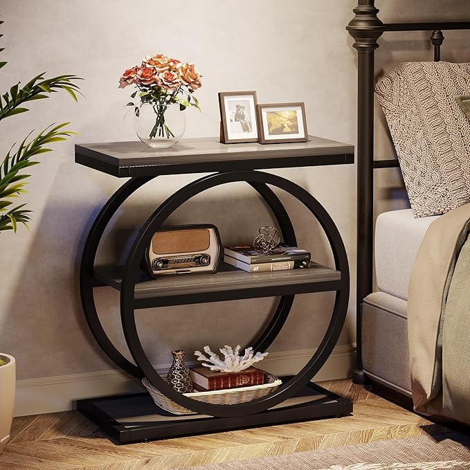 Tribesigns End Table, Narrow End Table with 3 Storage Shelves, Wood Side Table with Black Metal Frames, Industrial Small Sofa Side Table for Living Room, Grey Nightstand and Bedside Table for Bedroom