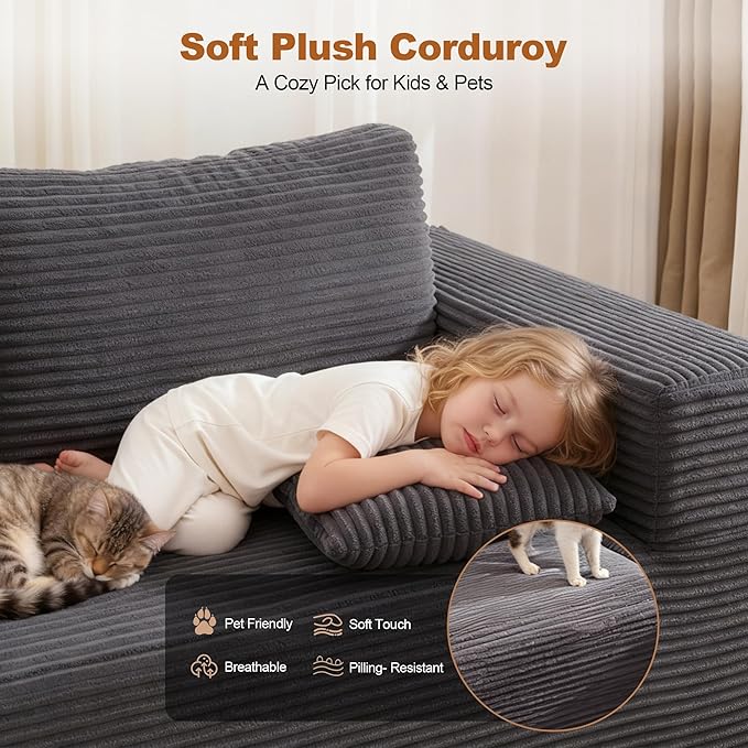 Modular Sectional Cloud Couch for Living Room,Modern Boneless Couche Set with Plush Corduroy,Comfy Floor Sofa with Memory Foam,Stupendous U Shaped Sofa,No Assembly Required,Grey