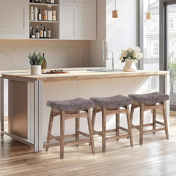 ALPHA HOME Bar Stools Set of 4, Solid Wood Saddle Kitchen Stools with Grey Linen Fabric Cushion Counter Height Barstools, 24 Inch, Grey, 4PCS