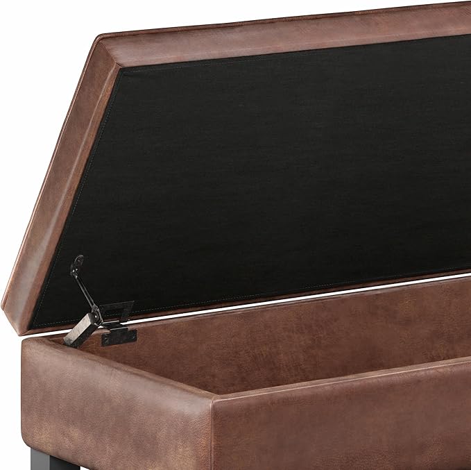 SIMPLIHOME Cosmopolitan Storage Ottoman Bench - 44 inch Wide Upholstered Vegan Leather Rectangle Storage Ottoman in Distressed Saddle Brown, Transitional Bench for Bedroom with Tufted Lift-Top