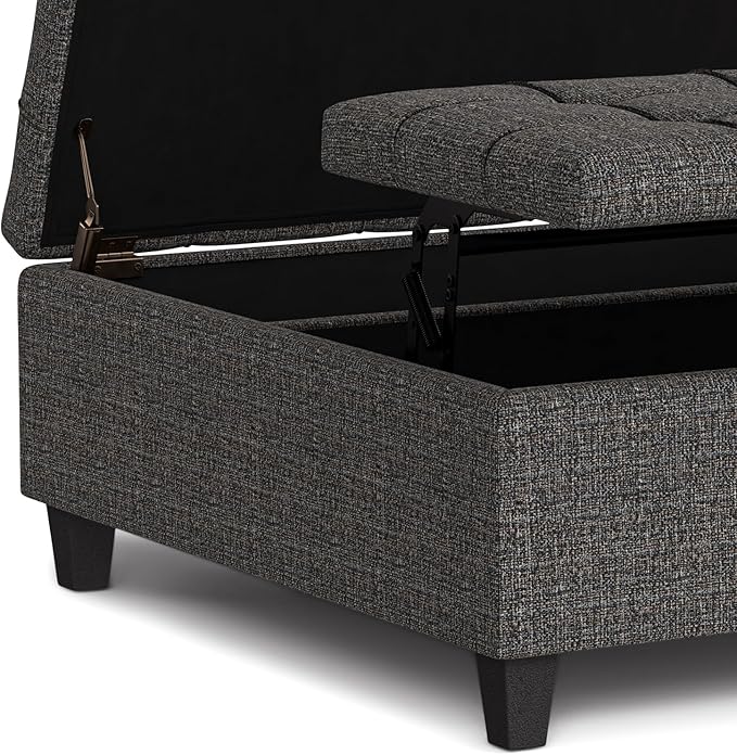 SIMPLIHOME Harrison 40 inch Wide Transitional Square Large Coffee Table Storage Ottoman in Ebony Polyester Tweed, Assembled, for The Living Room and Bedroom