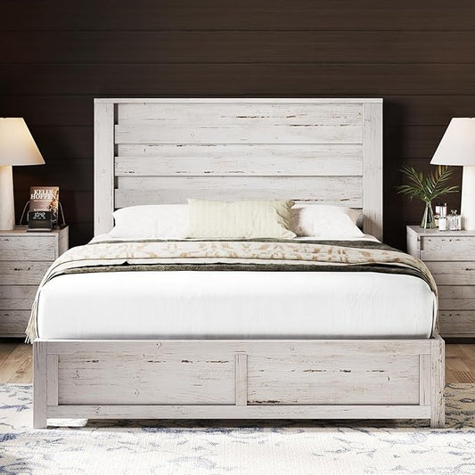 AMERLIFE Farmhouse Queen Size Bed Frame with 49" Fluted Headboard, Wood Platform Bed with Natural Grain, No Box Spring Needed/Noise Free, Distressed White