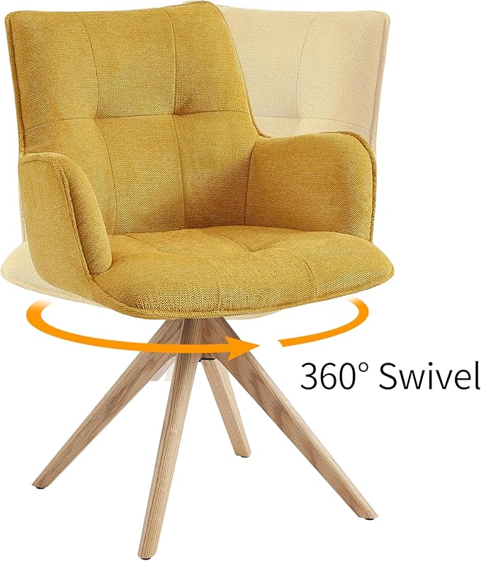 Art Leon Mid Century Modern Desk Chair - Fabric Upholstered Office Chair No Wheels, Swivel Armchair with Oak Wood Legs for Small Space Living Room Bedroom, Set of 2, Yellow