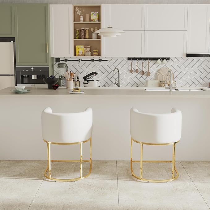 Contemporary Cream Velvet Bar Stools Set of 2, 24" Upholstered Fabric Counter Height Barstools Kitchen Counter Island Stools with Screwed Together Golden Metal Base