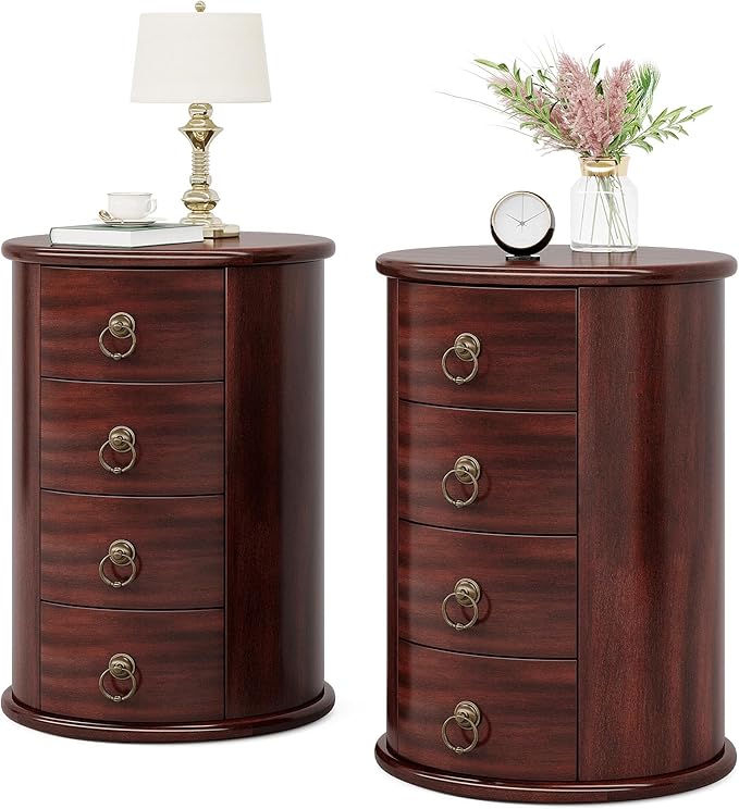 Tribesigns Solid Wood End Table, Round Side Table with 4 Drawers, Vintage Bedside Table Nightstand for Small Spaces, Living Room, Bedroom, No Assembly Required (2, Cherry Brown)