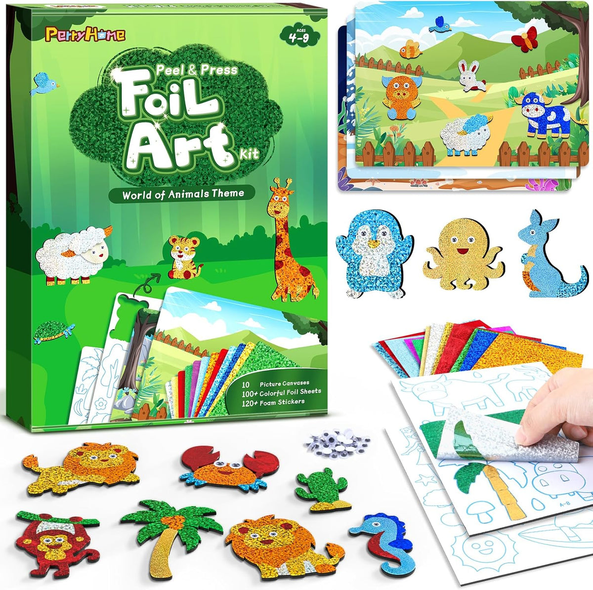 PERRYHOME Foil Arts and Crafts Kits-DIY No Mess Animal Fun Foil Paper Craft Kits,Non-Toxic Kids Car Airplane Travel Activities Toys,Gifts for 4 5 6 7 8 Year Old Girls Boys Toddler Children