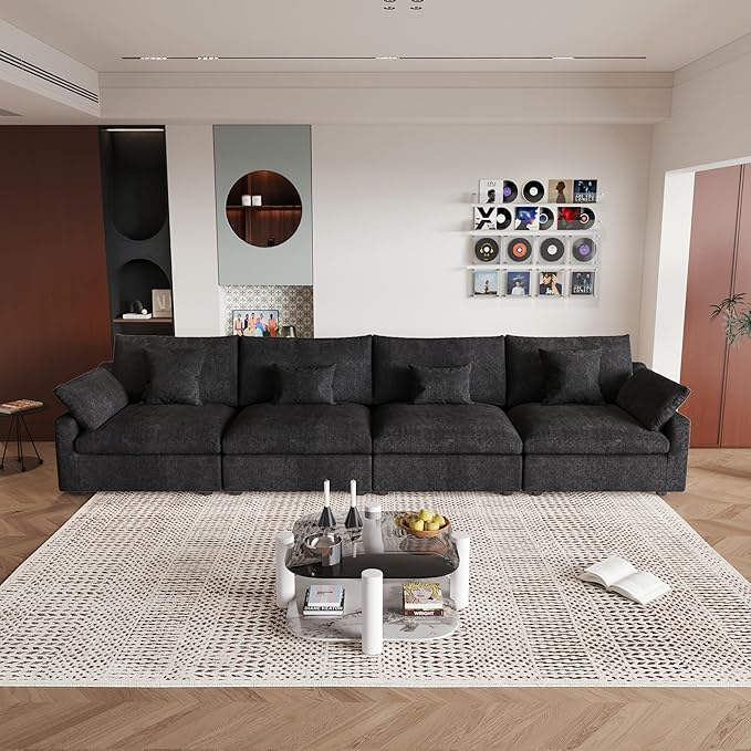 JACH Sectional Couches for Living Room, 4 Seater Cloud Sectional Couch with Deep Seat, Down Filled Modular Sofa, Covers Removeable & Washable, Sofas Furniture for Living Room, Black