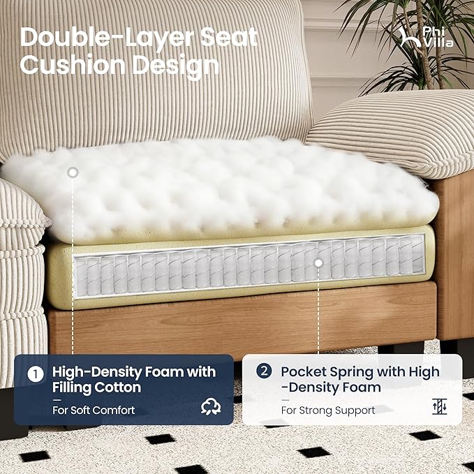 PHI VILLA Cloud Modular Couches Sets, 87.5" Sectional Loveseat Sofa with 1 Movable Ottoman, 3-Seater Comfy Couches for Living Room Apartment, Corduroy Fabric, Beige