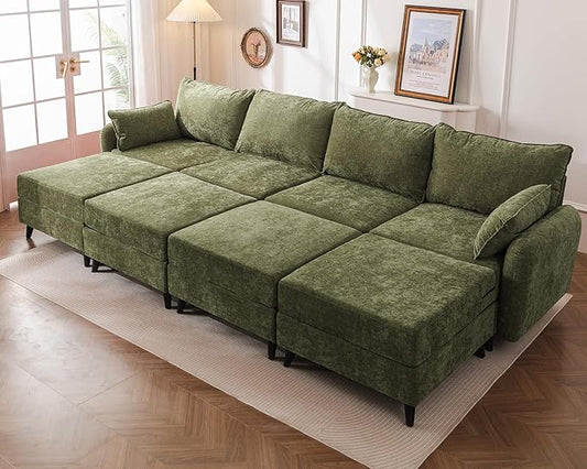 135'' Modular Sectional Sofa with All Seats Storage, Oversized Sleeper Sofa Bed,4-Seater Comfy Cloud Couches with Movable Ottoman,Big Sectionals for Living Room,Bedroom,Velet,Green
