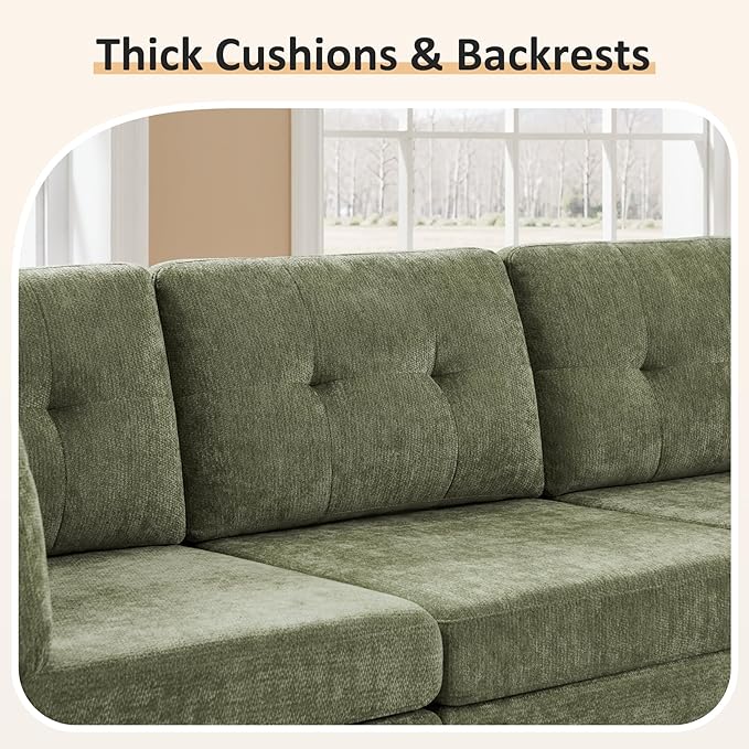 VANOMi 6 Seat Cloud Couches for Living Room, 118" Convertible Modular Cloud Sofas & Couches, Comfy Chenille Sectional Couch Sofa for Apartment, Office, Olive Green, L/U Shaped