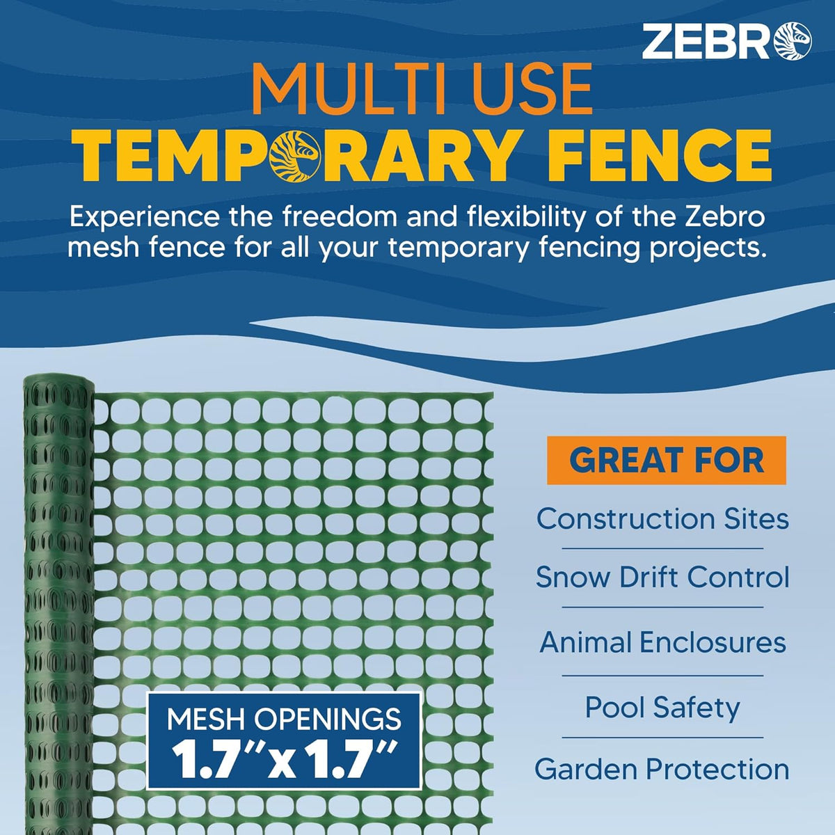ZEBRO 4' x 100' Green Plastic Garden Fence Roll – Light Duty Mesh Fencing for Temporary Fence, Snow, Garden Netting, Animal Barrier, Agricultural Fencing & Lawn Protection