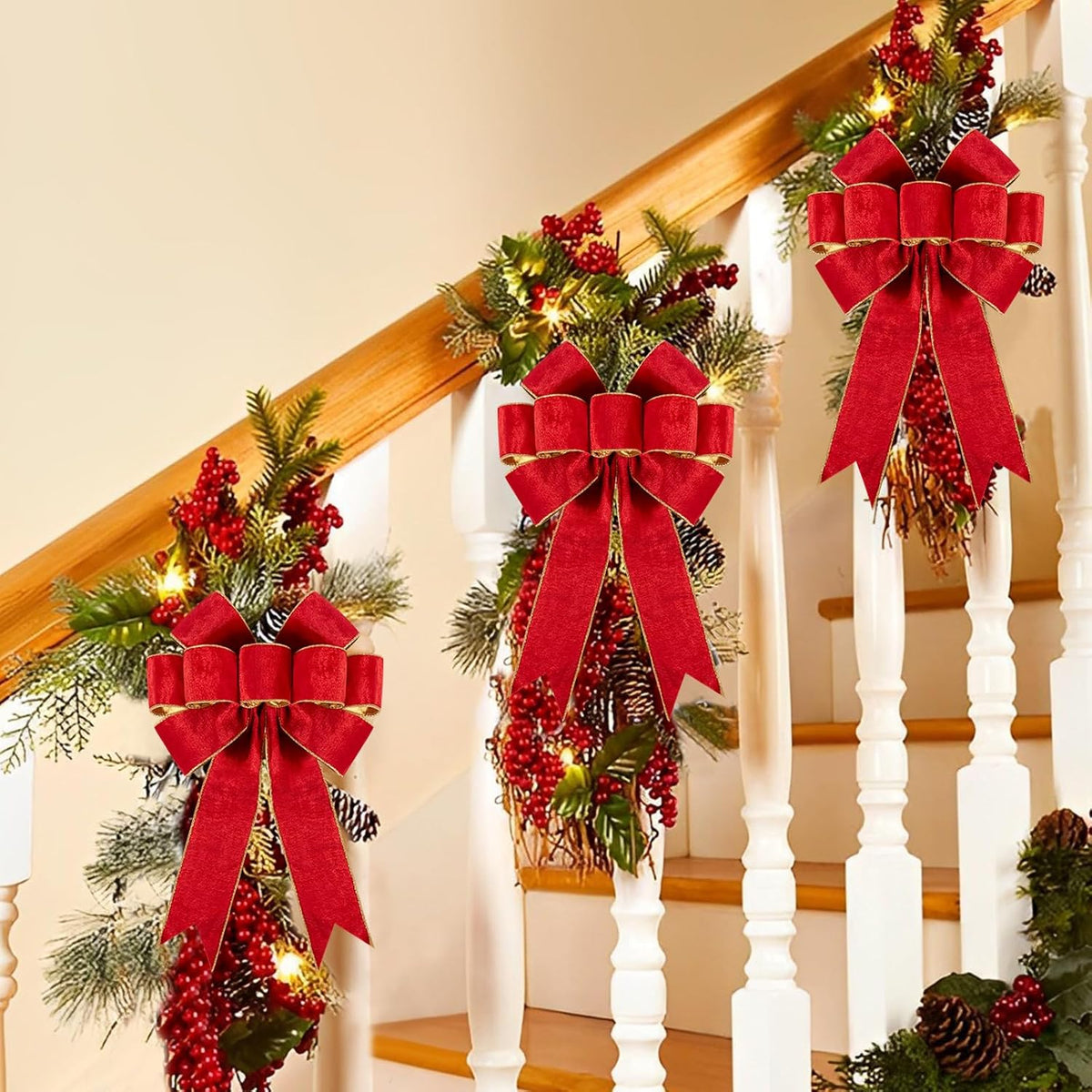 3pcs Large Christmas Bows Velvet Red Bows Holiday Red Christmas Bows Decorations for Wreath Velvet Bows Decor for Christmas Tree Topper, Front Door, Outdoor(14 * 12 inch)