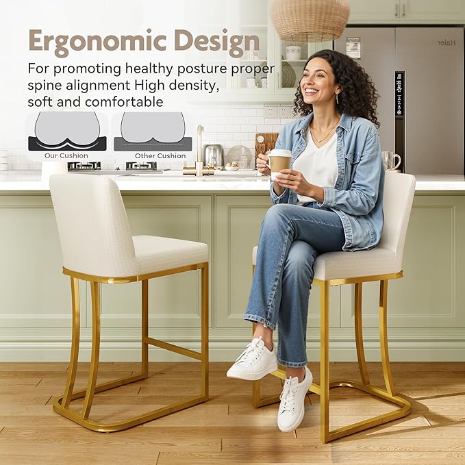 MAISON ARTS Off White & Gold Counter Height Bar Stools with Back Set of 6 for Kitchen Counter 24 Inch Modern Upholstered Faux Leather Barstools Farmhouse Bar Chairs Luxury Island Stools Support 330LBS