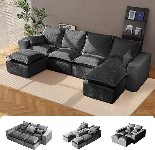 137" Comfy Cloud Couch with U-Shape Chaise & Deep Seat, Modular Sectional Sofa in a Box, Boneless Upholstered Couches for Living Room, No Assembly Required (Soft Corduroy, Gray)