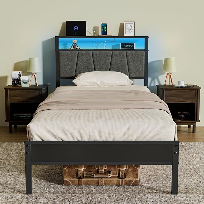 Z-hom Twin Bed Frame with Upholstered Headboard and Footboard, Metal Platform with Dual Storage Compartments, LED Lights and USB Ports, Easy Assembly, Grey