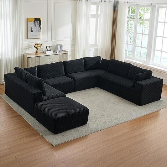 Modular Sectional Cloud Couch for Living Room,Modern Boneless Couche Set with Plush Corduroy,Comfy Floor Sofa with Memory Foam,Stupendous U Shaped Sofa with Chaise,No Assembly Required,Black