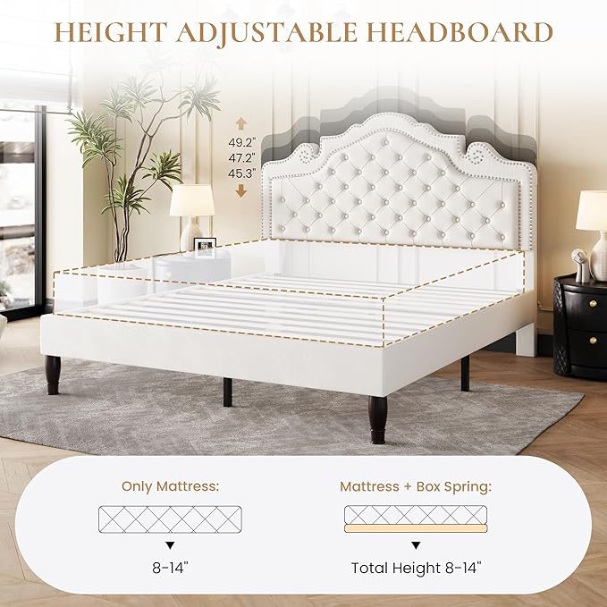 SHA CERLIN Queen Size Bed Frame with Adjustable Headboard/Velvet Upholstered/Diamond Button Tufted and Metal Studs/No Box Spring Needed/Sturdy Wood Slat Support/Easy Assembly/White