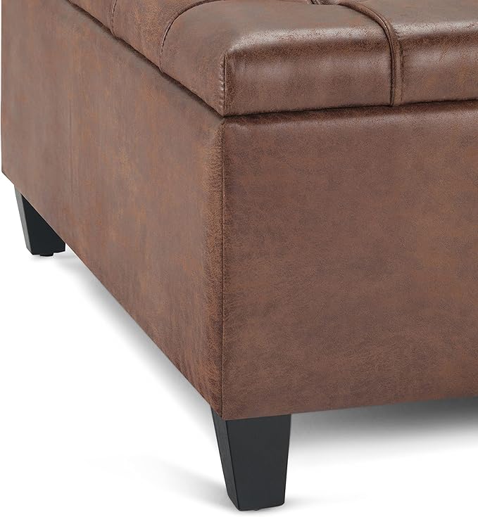 SIMPLIHOME Harrison 36 inch Wide Transitional Square Coffee Table Storage Ottoman in Distressed Umber Brown Vegan Faux Leather, Assembled, For the Living Room and Bedroom