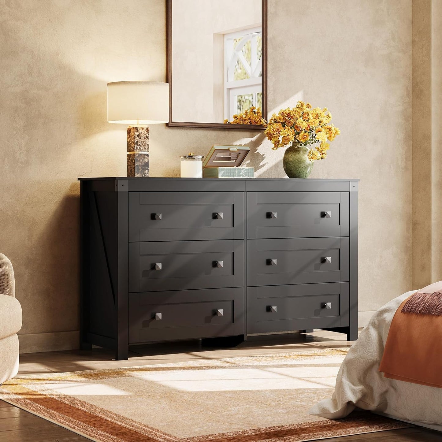 WLIVE Farmhouse Black Dresser for Bedroom, 53.07'' Wide 6 Drawer Wood Dresser, Chest of Drawers with Double Rustic Handle, TV Stand for 60 inch TV, Modern Clothes Organizer for Living Room, Hallway