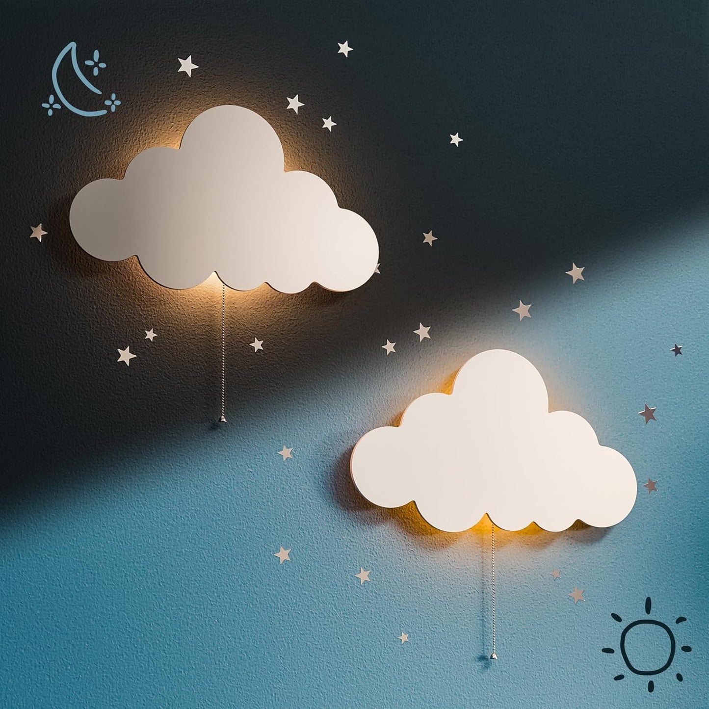 Tipperk 2 Pack - Floating Cloud Wall Lamp for Nursery & Kids Bedroom | Battery-Operated Hanging Night Lights