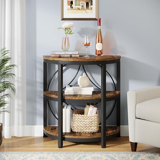 Tribesigns Half Round End Table for Living Room Set of 2, 3-Tier Half Side Table with Metal Frame, Industrial Half Moon Table, Half Circle Accent Table for Entryway, Bedroom, Rustic Brown