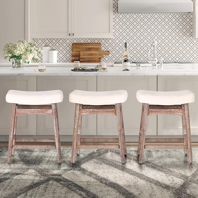 ALPHA HOME Bar Stools Set of 3, Solid Wood Saddle Kitchen Stools with Beige Linen Fabric Cushion Counter Height Barstools, 24 Inch, 3PCS