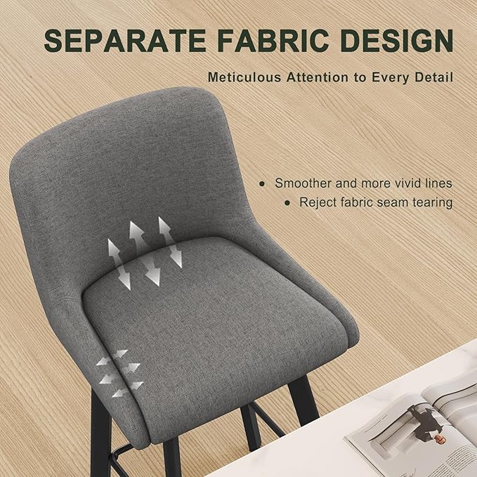 Swivel Bar Stools Set of 4, 29''H Upholstered Barstools with Backs, Modern Counter Height Bar Stool Chairs for Kitchen Island, Metal Legs, Fabric, Gray Counter Stools