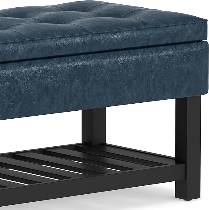SIMPLIHOME Cosmopolitan Storage Ottoman Bench - 44 inch Wide Upholstered Vegan Leather Rectangle Storage Ottoman in Denim Blue, Transitional Bench for Bedroom with Tufted Lift-Top and Open Shelf