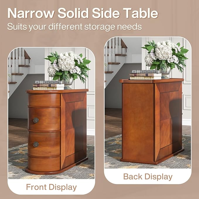 Tribesigns Wood End Table, 2-Drawer Narrow Side Table Slim Chair Solid Side Table, No Assembly Required, Finished Back