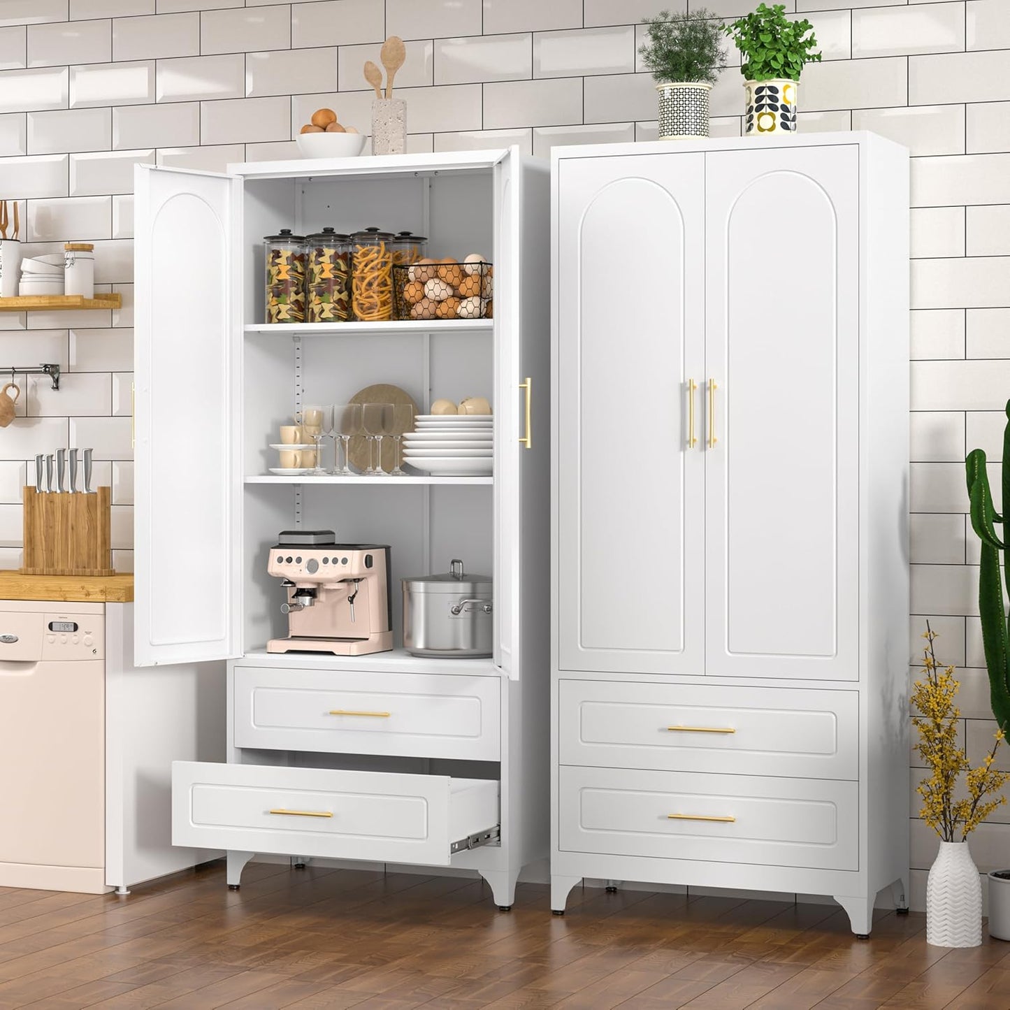 Kitchen Pantry Cabinet, 75" Tall Metal Pantry Cabinet with Two Drawers, Food Cupboards with Doors and Shelves, Freestanding Storage Cabinets for Dining, Living Room, White, Assemble Required